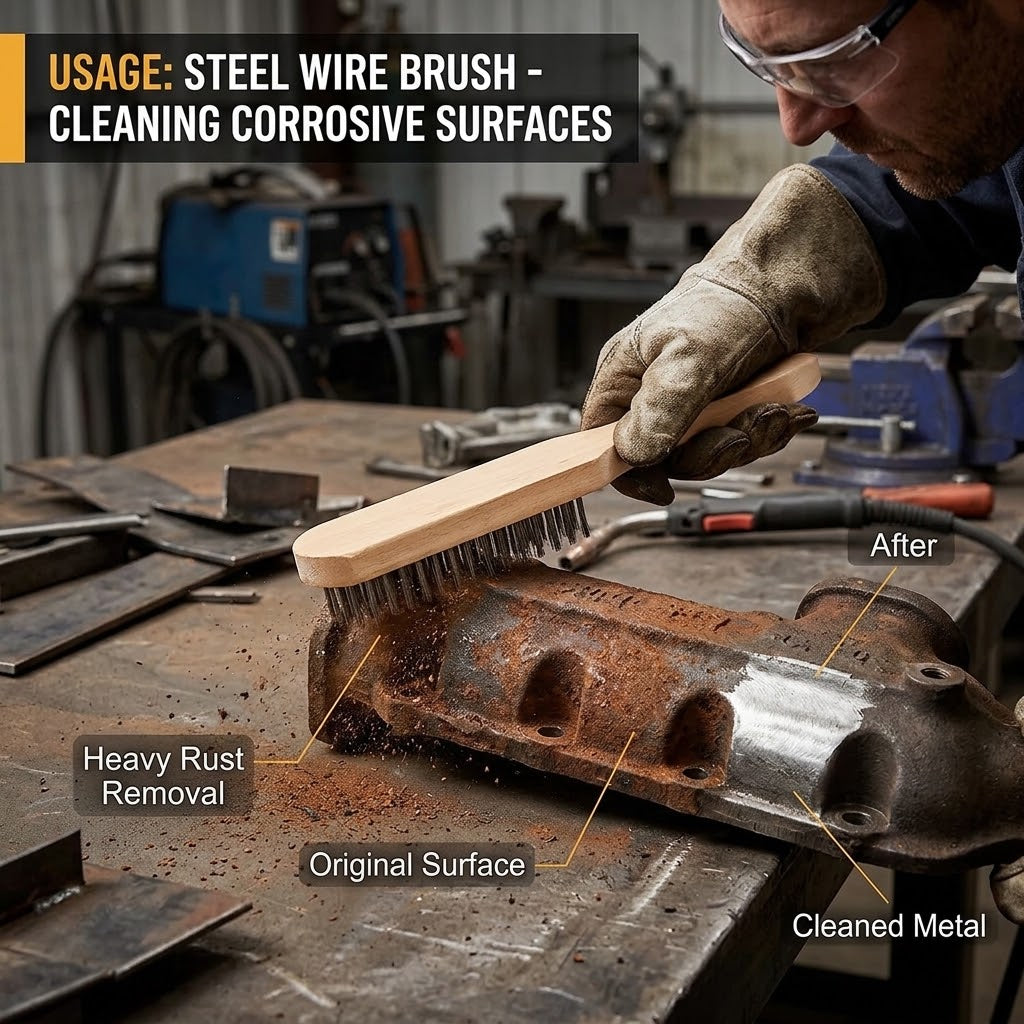 Steel Wire Brush – 6 Row Raw Wood Handle (28cm)