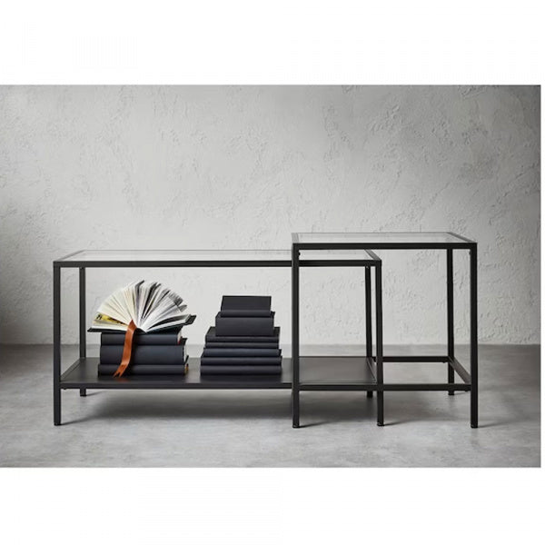 Coffee Table Set of 2 – 90x50cm | Black Metal & Glass | 80215332