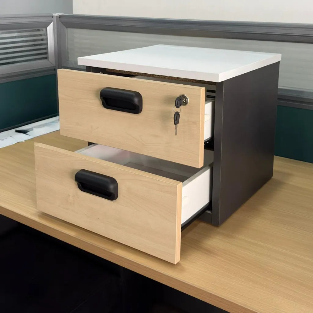2-Drawer Desktop Pedestal closed front view with lock and key