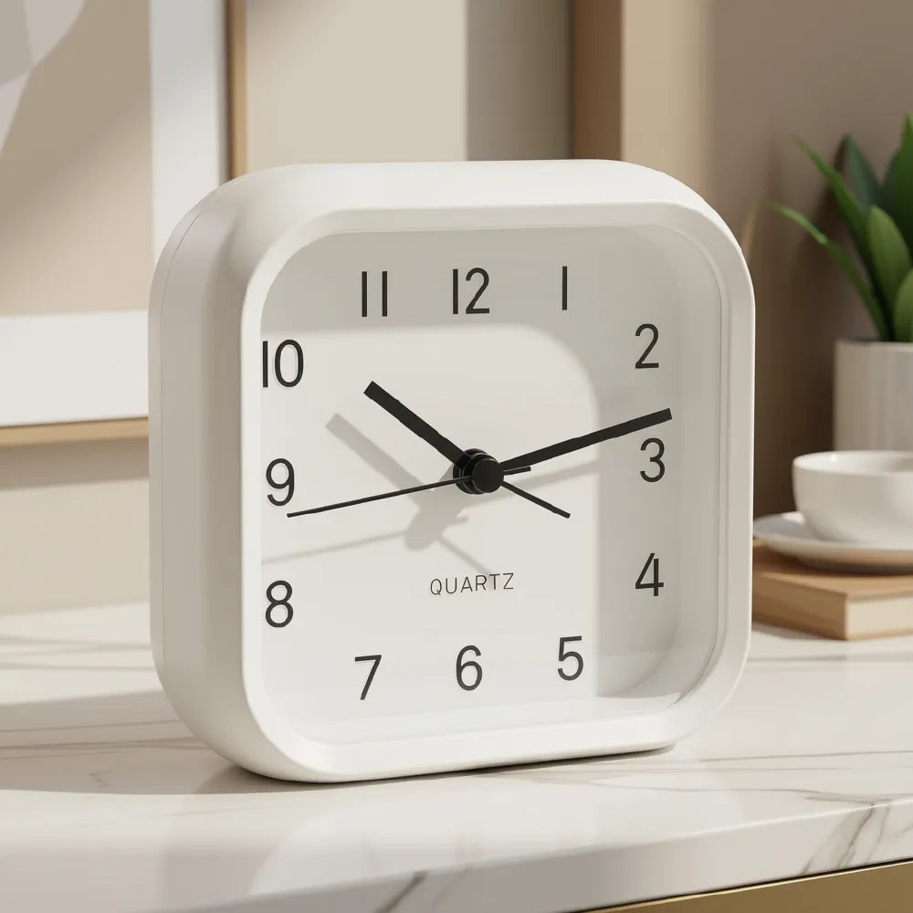 Fosh Quartz Alarm Clock | 4" | 10.3x10x4.4cm | White | Minimalist Desk & Bedside Clock