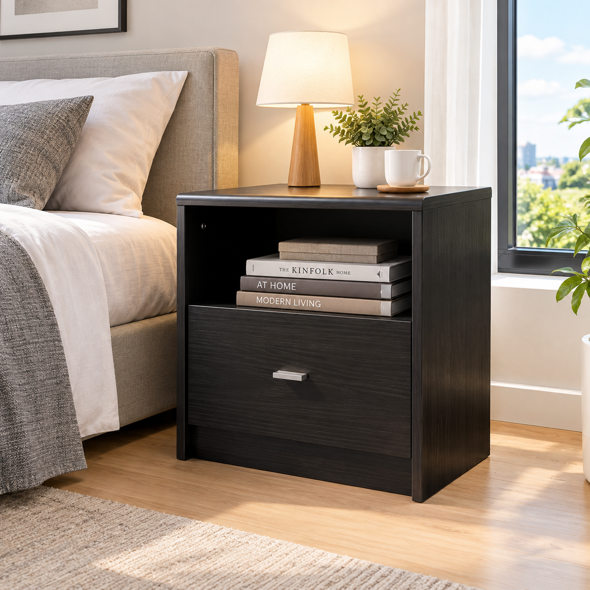 Winner Night Stand – Black Brown | Bedside Table with Drawer & Open Shelf