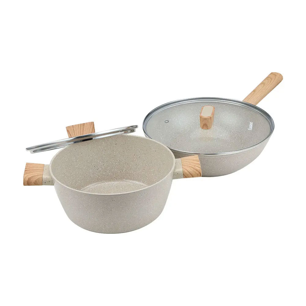 Nitthar Cookware Set | 4 Pieces | Beige Granite Non-Stick | Wood Handle | Pot & Pan Set with Glass Lids