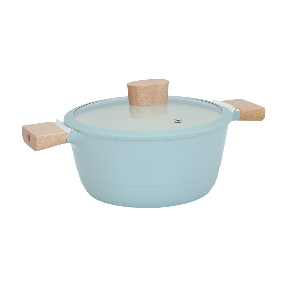 Chando Pot with Lid | 24cm | Sage Green & Cream | Non-Stick Ceramic Interior | Wood Handle Cookware