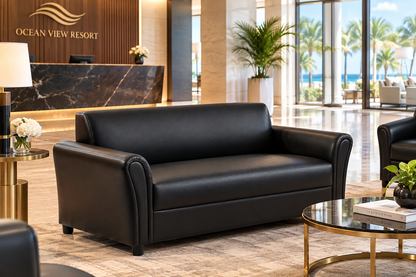 H-James 2.5-Seater Sofa – Black PVC Upholstery with Plastic Legs