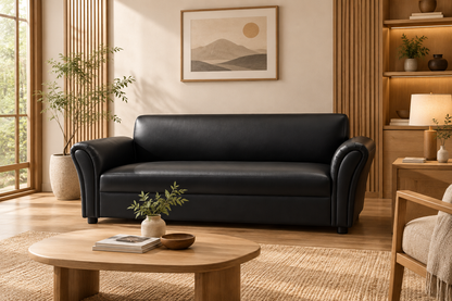 H-James 2.5-Seater Sofa – Black PVC Upholstery with Plastic Legs