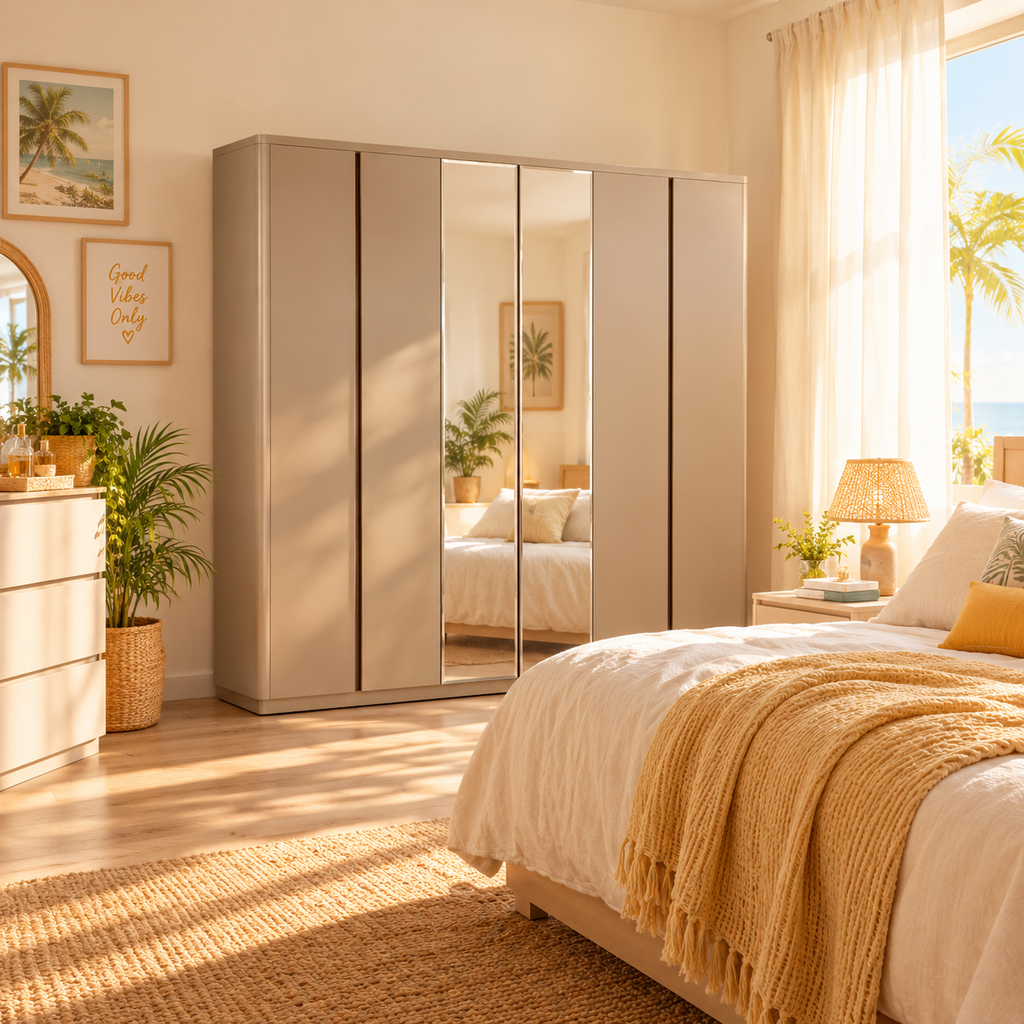 6-Door Wardrobe with Mirror – DB-03 Tan