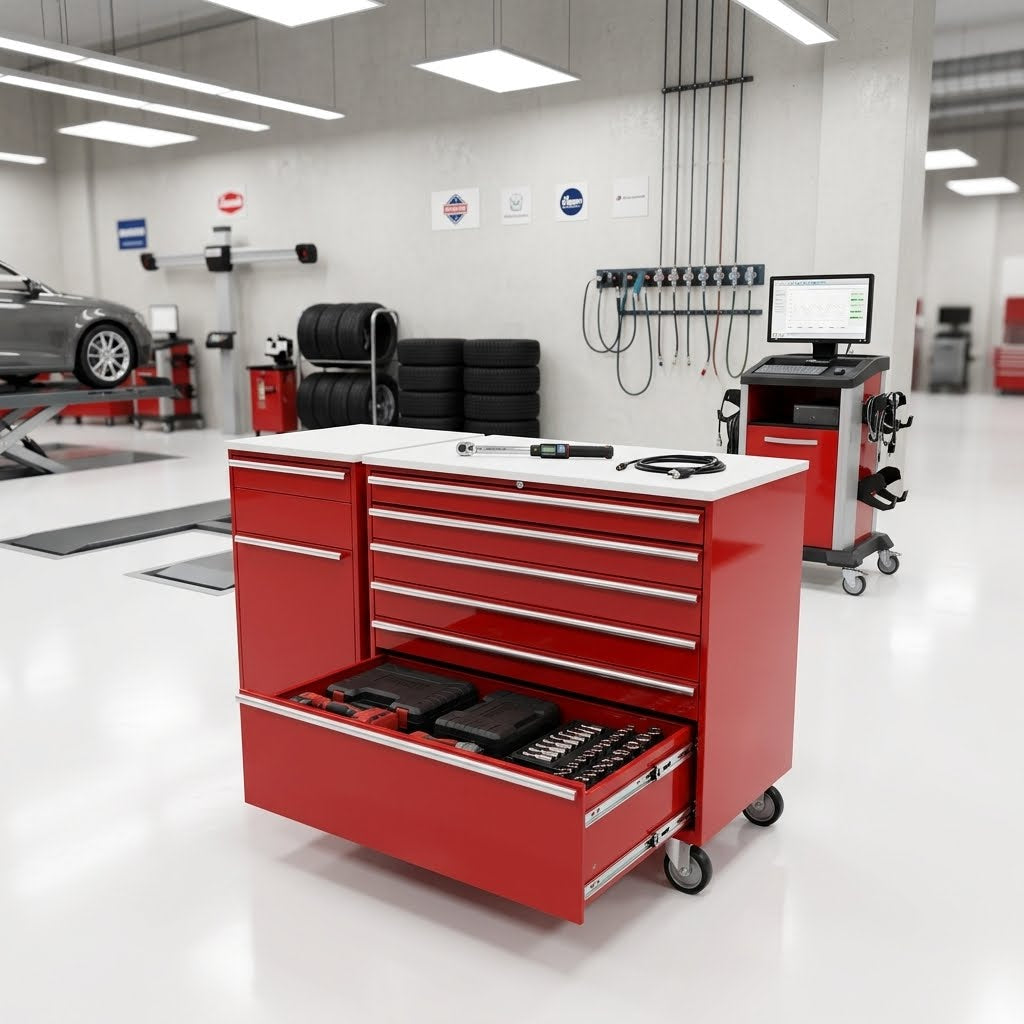 DR6028 Multi-Drawer Mobile Workshop Cabinet – Red | Steel Bar Handles