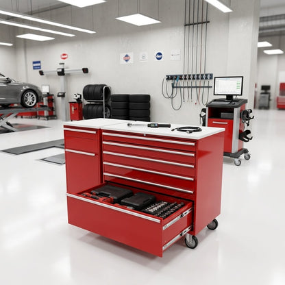 DR6028 Multi-Drawer Mobile Workshop Cabinet – Red | Steel Bar Handles