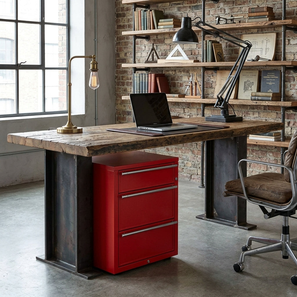 DR9028 3-Drawer Steel Mobile Pedestal – Red | Chrome Bar Handles