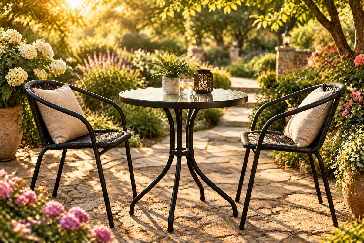 Outdoor Glass Bistro Table — Garden Lifestyle Ad