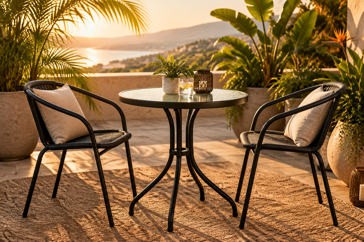 Outdoor Glass Bistro Table — Terrace Lifestyle Ad