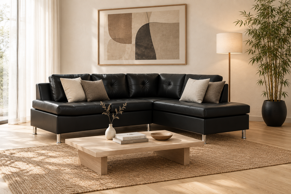 Ovira-L Black Corner Sofa – Japandi Living Room