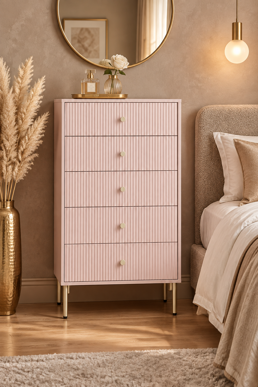 Seoul 5-Drawer Chest – Neutral Greige & Gold Luxe Bedroom