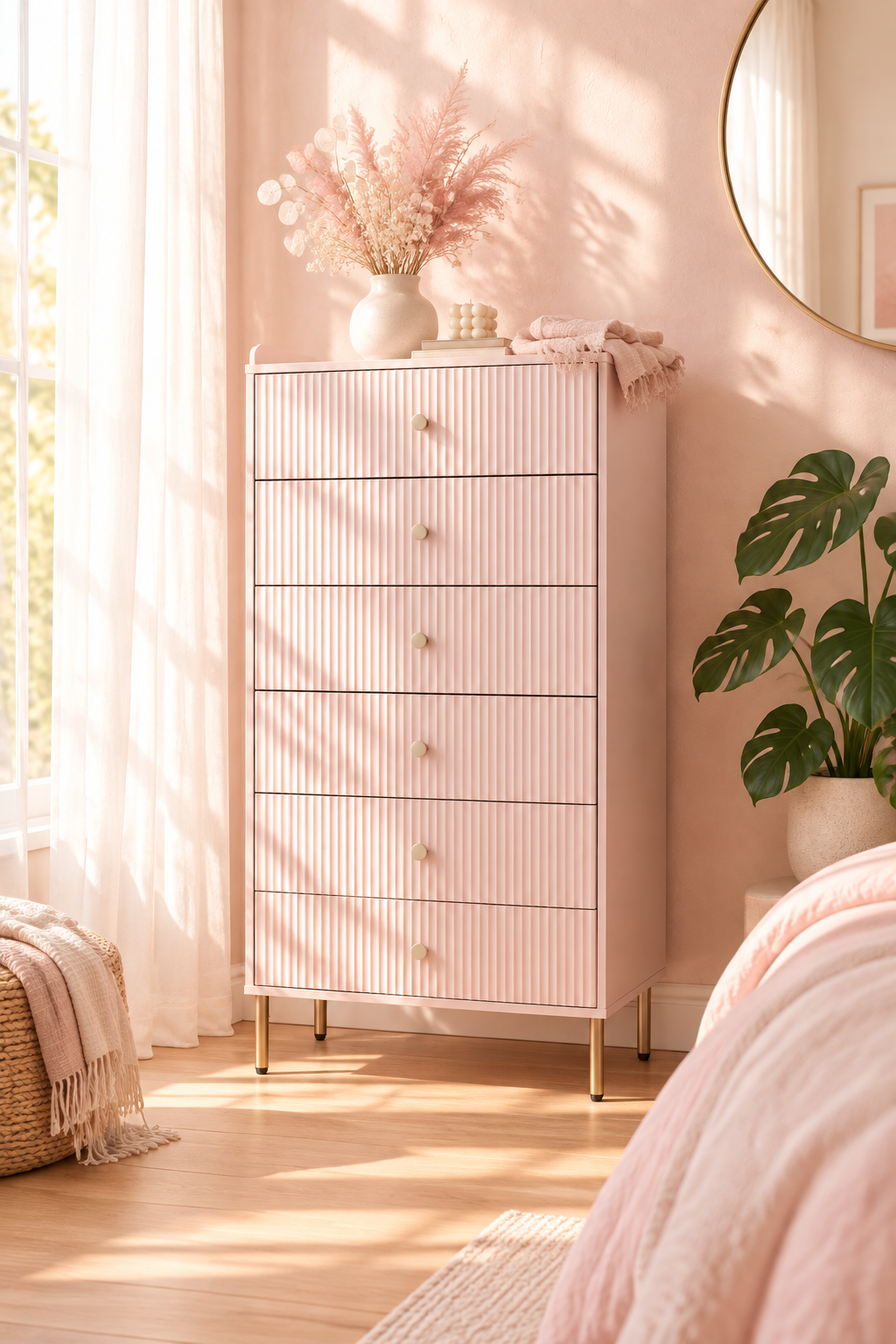 Seoul 5-Drawer Chest – Pink Minimalist Bedroom
