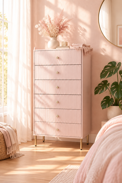Seoul 5-Drawer Chest – Pink Minimalist Bedroom