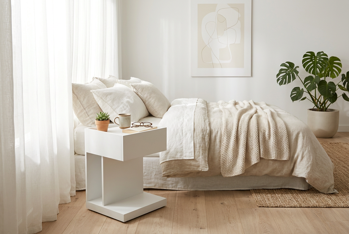 Side Table Morning Bedroom Wide Shot