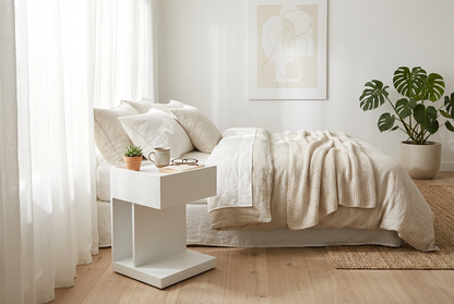 Side Table Morning Bedroom Wide Shot