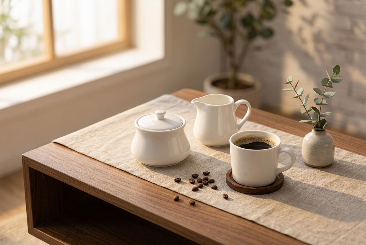 Sugar Bowl on Coffee Table with Creamer Jug and Morning Light