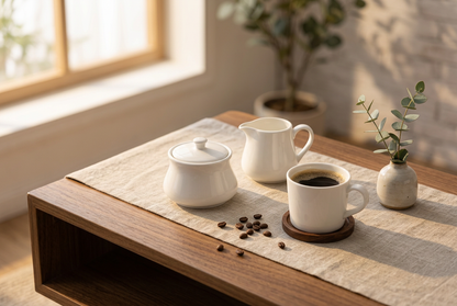 Sugar Bowl on Coffee Table with Creamer Jug and Morning Light