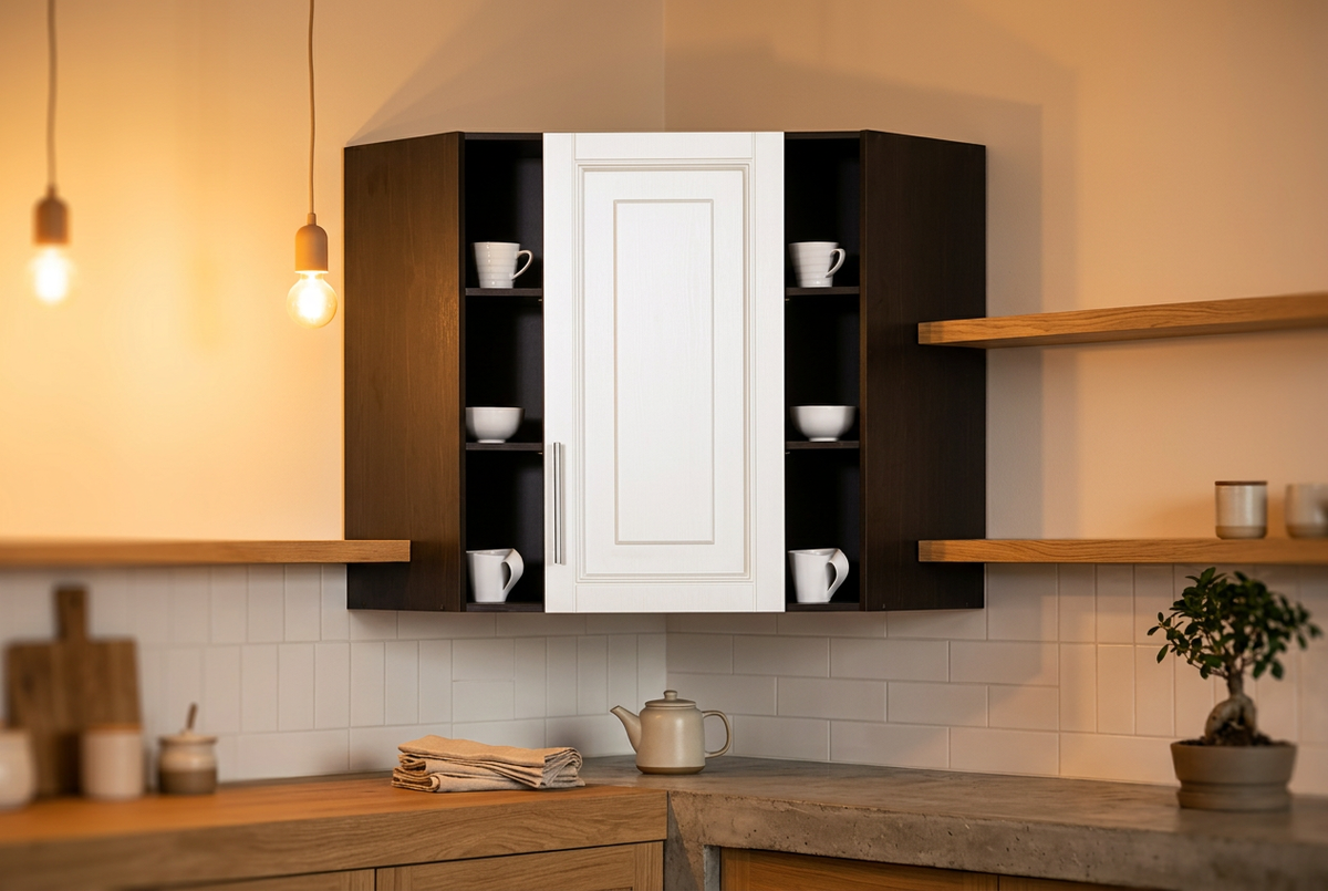 Upper Corner Cabinet in Kitchen with Warm Minimalist Lighting