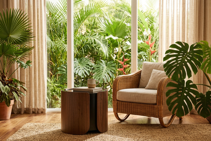 Walnut Side Table – Beside Armchair with Tropical Window