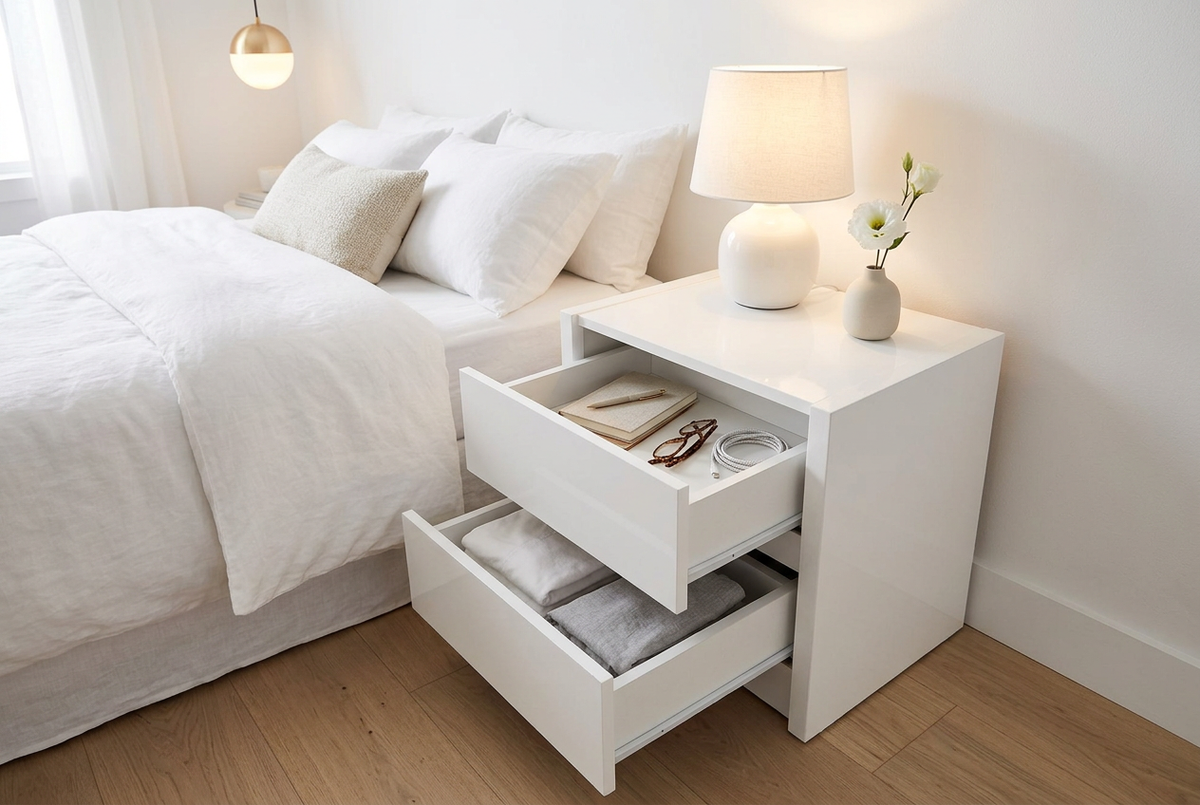 White Gloss Night Stand Storage Lifestyle