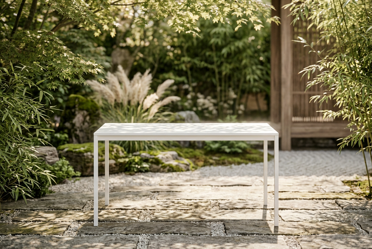 White Table in Japandi Outdoor Dining Setting