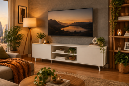 White TV Console — Warm Contemporary Apartment